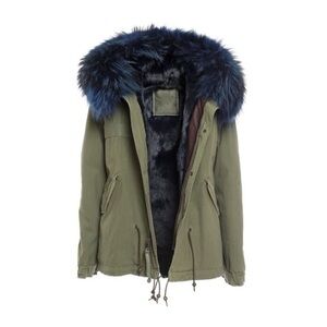 Mr & Mrs Italy Fur lined army parka blue fox raccoon trim coat khaki